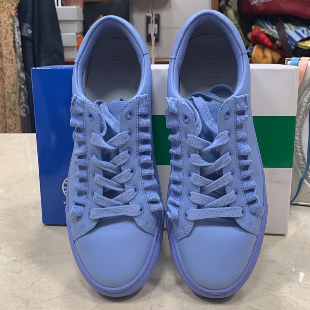 TORY BURCH SPORT CALF LEATHER RUFFLE SNEAKER IN ACE BLUE SIZE 8